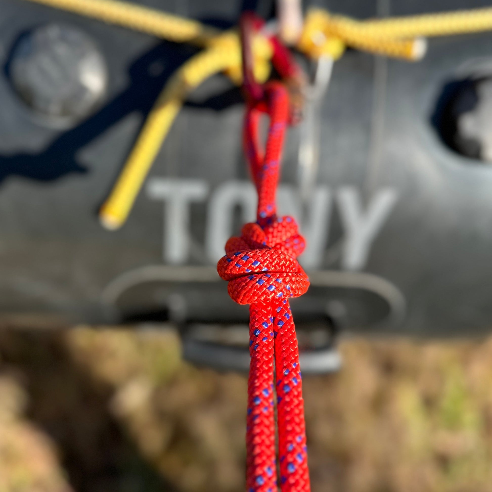 Rescue rope attached to a raft