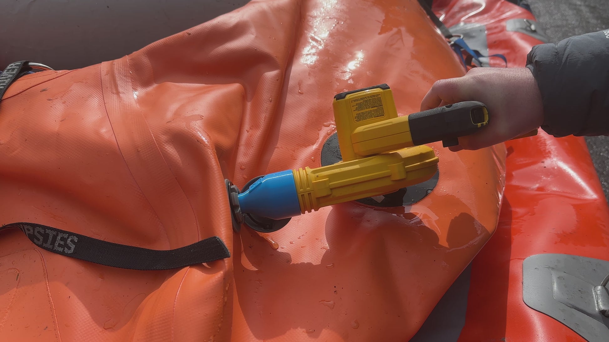 Inflating raft with DeWalt Blower Adaptor