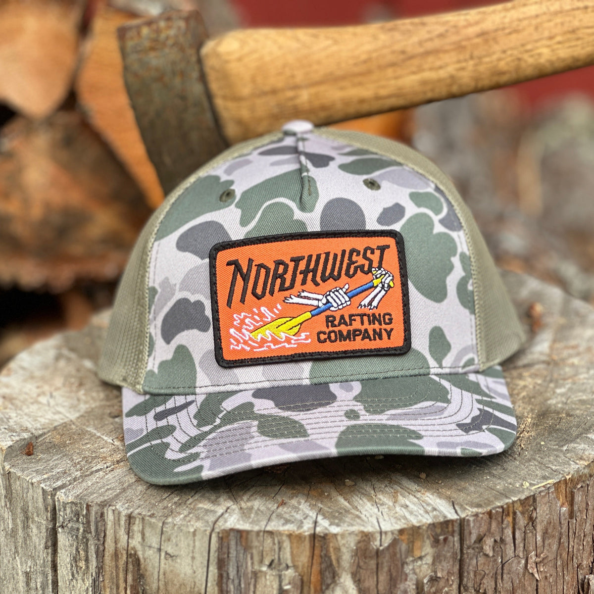 Northwest Rafting Company (NWRC) Work Hat in the Marsh Duck Camo/Loden (Green/Tan) color