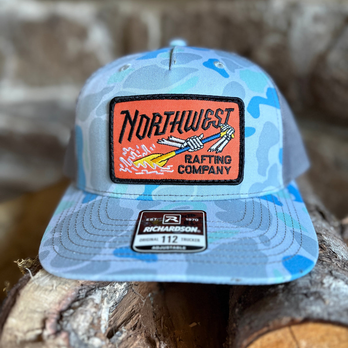 Northwest Rafting Company (NWRC) Work Hat in the Saltwater Duck Camo/Charcoal (Blue/Grey) color